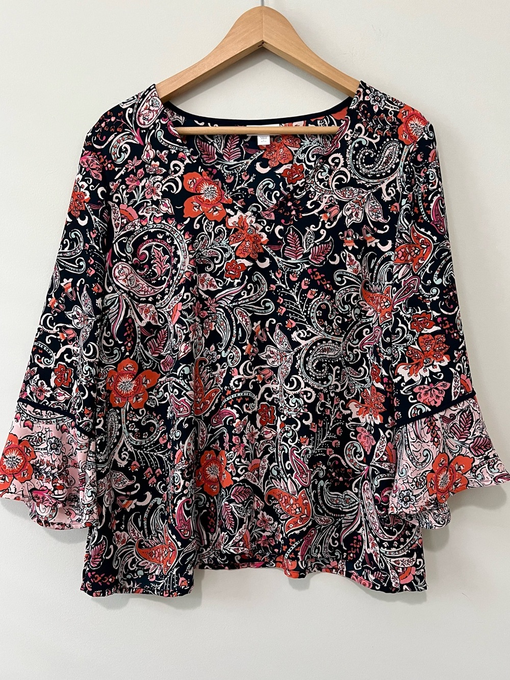 J. Jill Paisley Floral Bell Sleeve Blouse 3/4 Sleeve Botanical Paisley L Petite